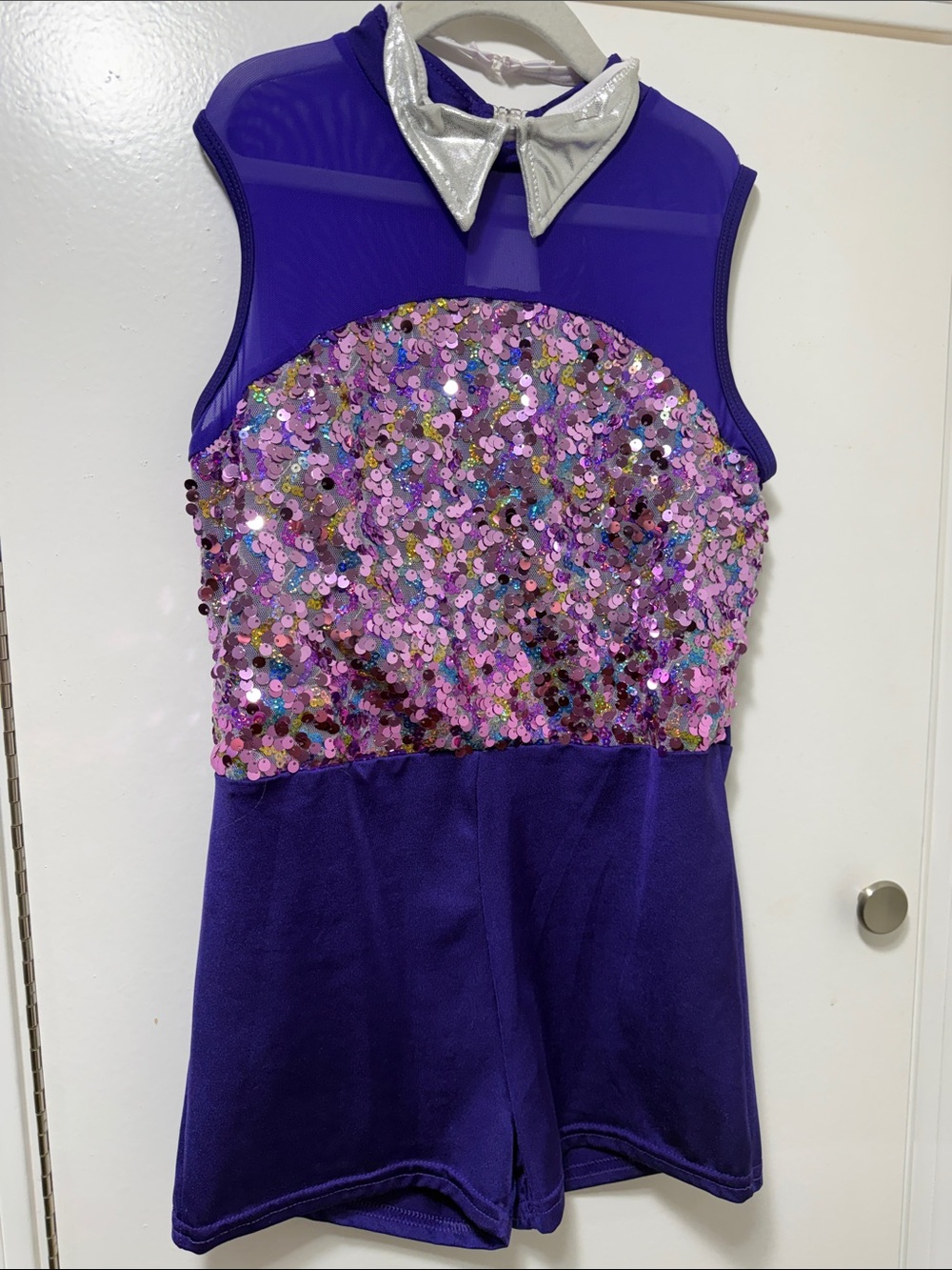 Girls Purple Sequin Fringe Dance Outfit with Silver Collar